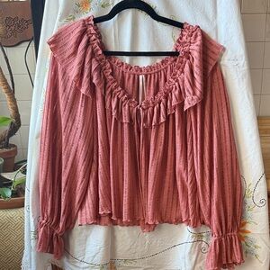 By Anthropologie Sheer Striped Crop Blouse in Rose